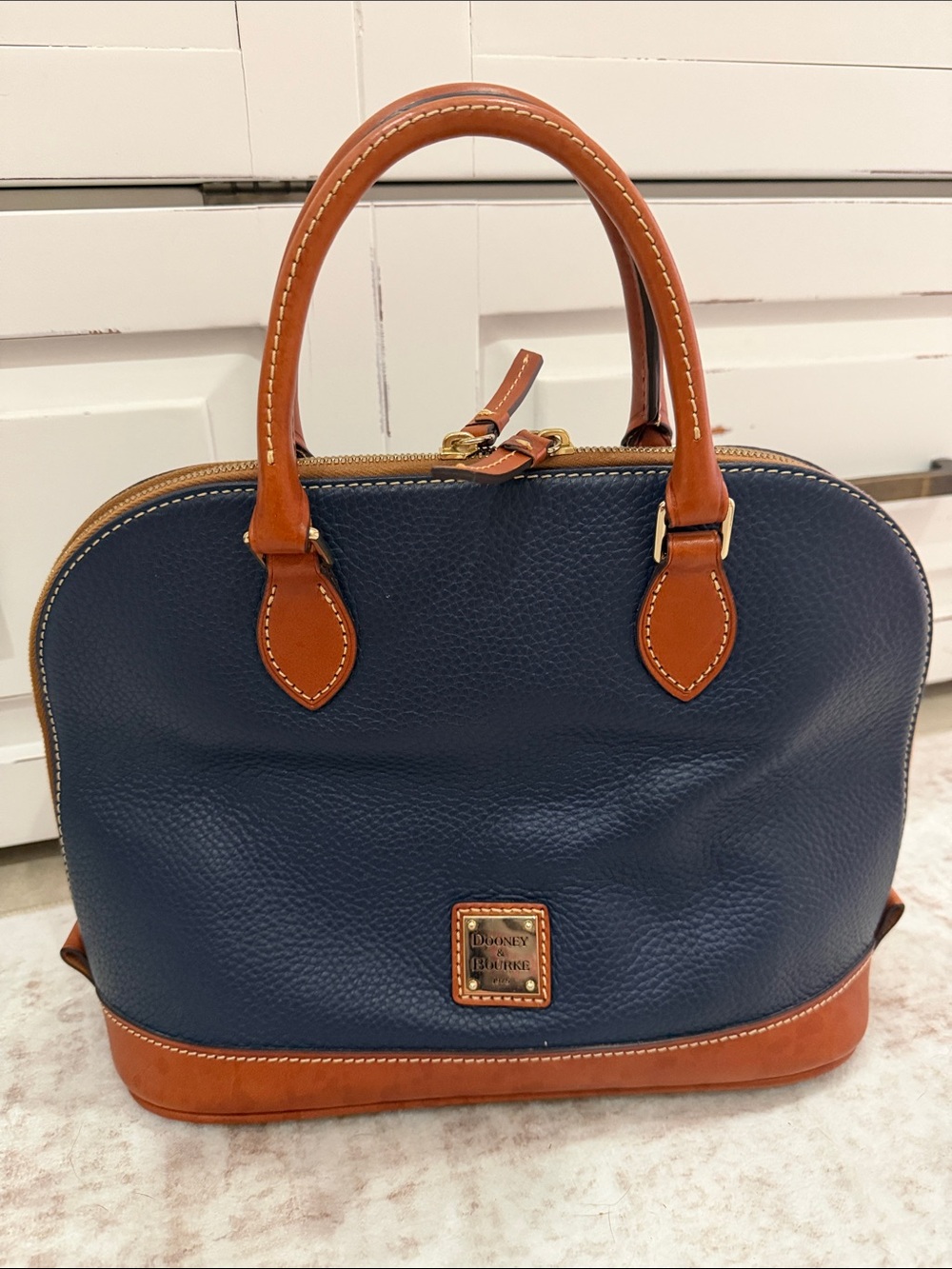 Dooney & Bourke Navy and Brown Pebbled Leather Satchel